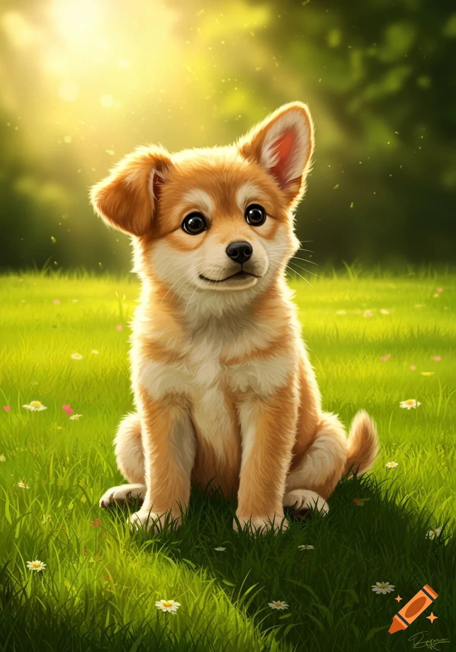 A fluffy golden-brown puppy sits in a lush green field with small white flowers, bathed in warm sunlight.