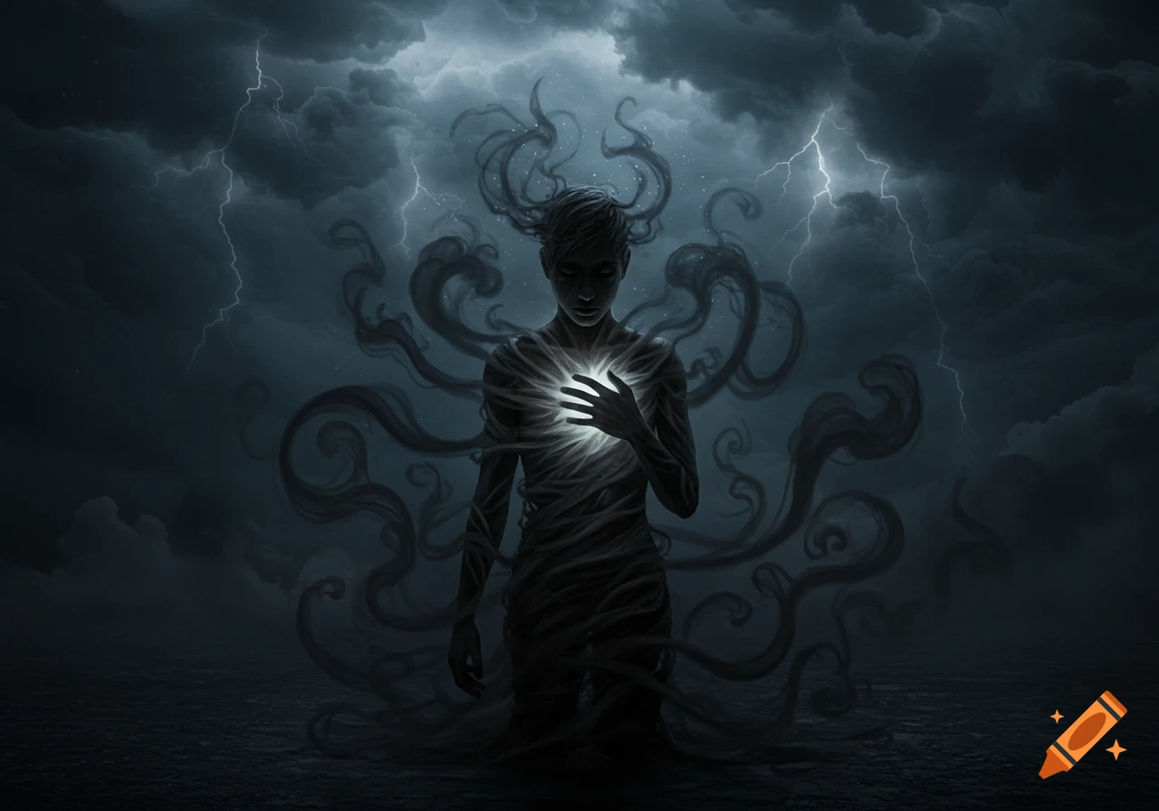 Shadowy figure with a glowing chest under a stormy, lightning-filled sky, surrounded by dark tendrils.