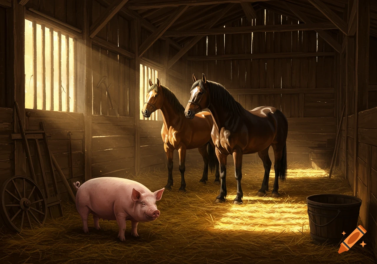 A photorealistic image of two brown horses and a pink pig standing on hay in a sunlit wooden barn.