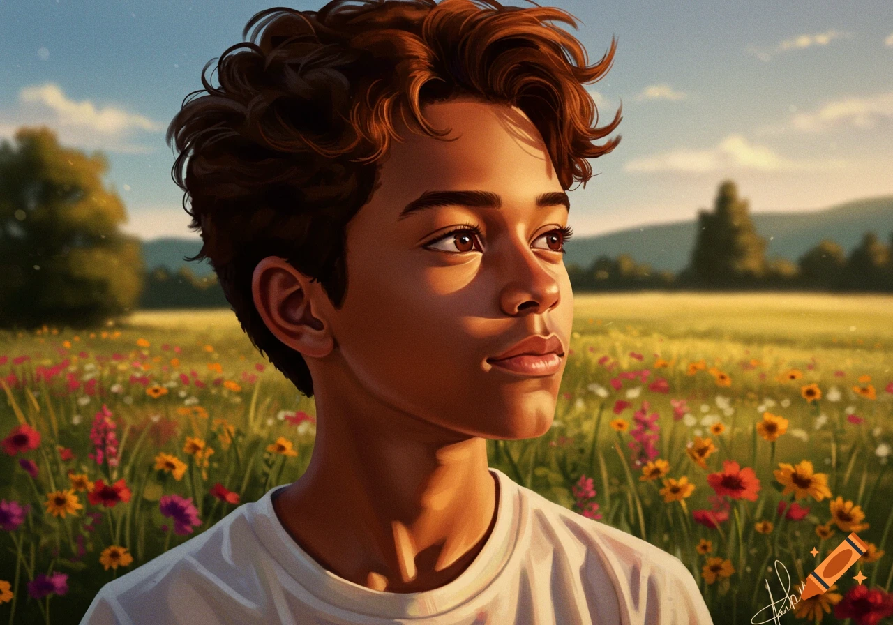 An illustration of a young boy with curly brown hair looking into the distance in a sunlit field of wildflowers.