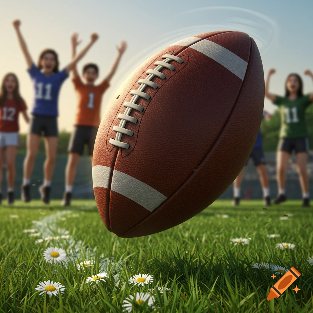 A photorealistic close-up of a football floating above a grassy field with white daisies, blurred children cheer in the background.