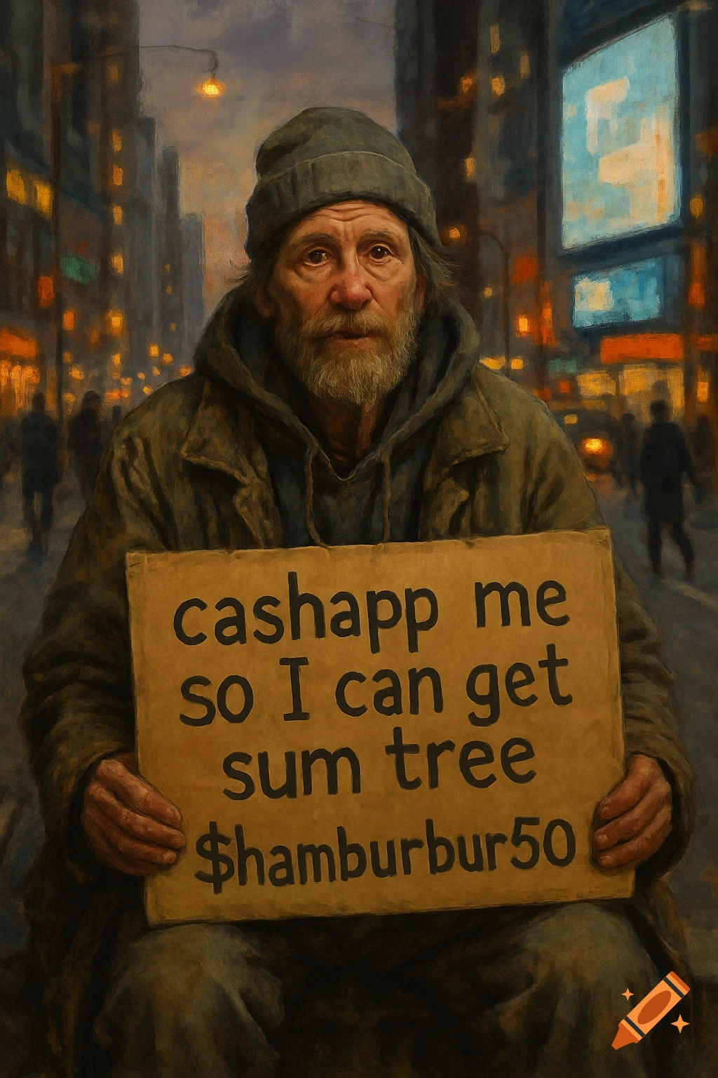 A bearded homeless man in a beanie holds a sign reading 'cashapp me so I can get sum tree $hamburbur50' on a dark city street.