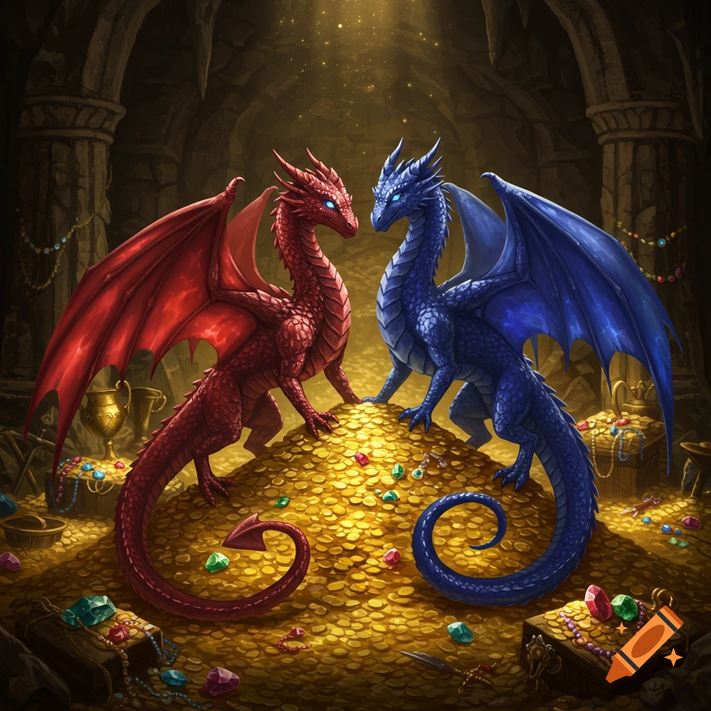 A red dragon and a blue dragon stand facing each other on a huge pile of gold coins and jewels in a treasure-filled cave.