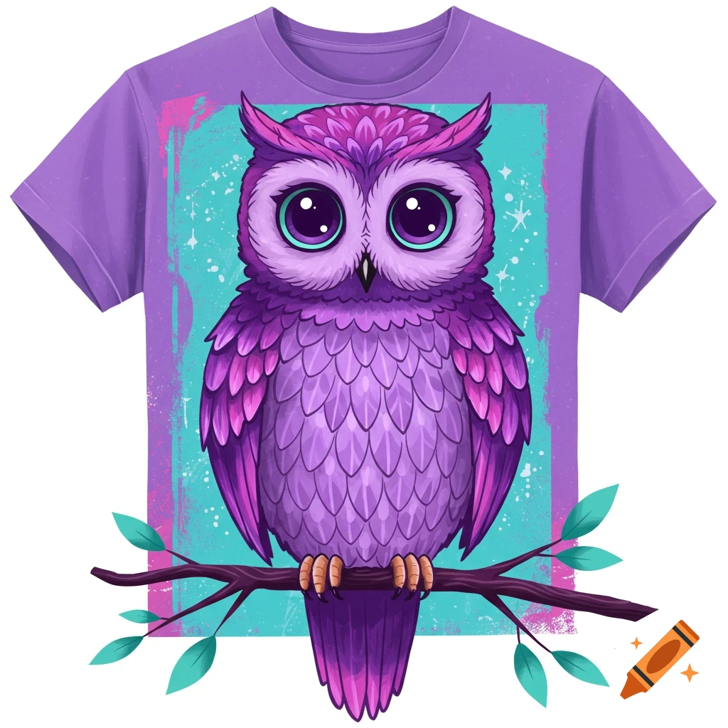 Cartoon purple owl on a branch, printed on a lavender t-shirt with a teal and purple grunge background.