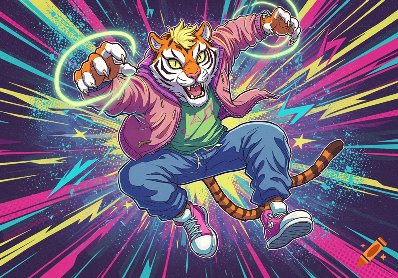 Dynamic, colorful pop art illustration of a tiger in a pink jacket and jeans, with glowing energy, on a vibrant background.