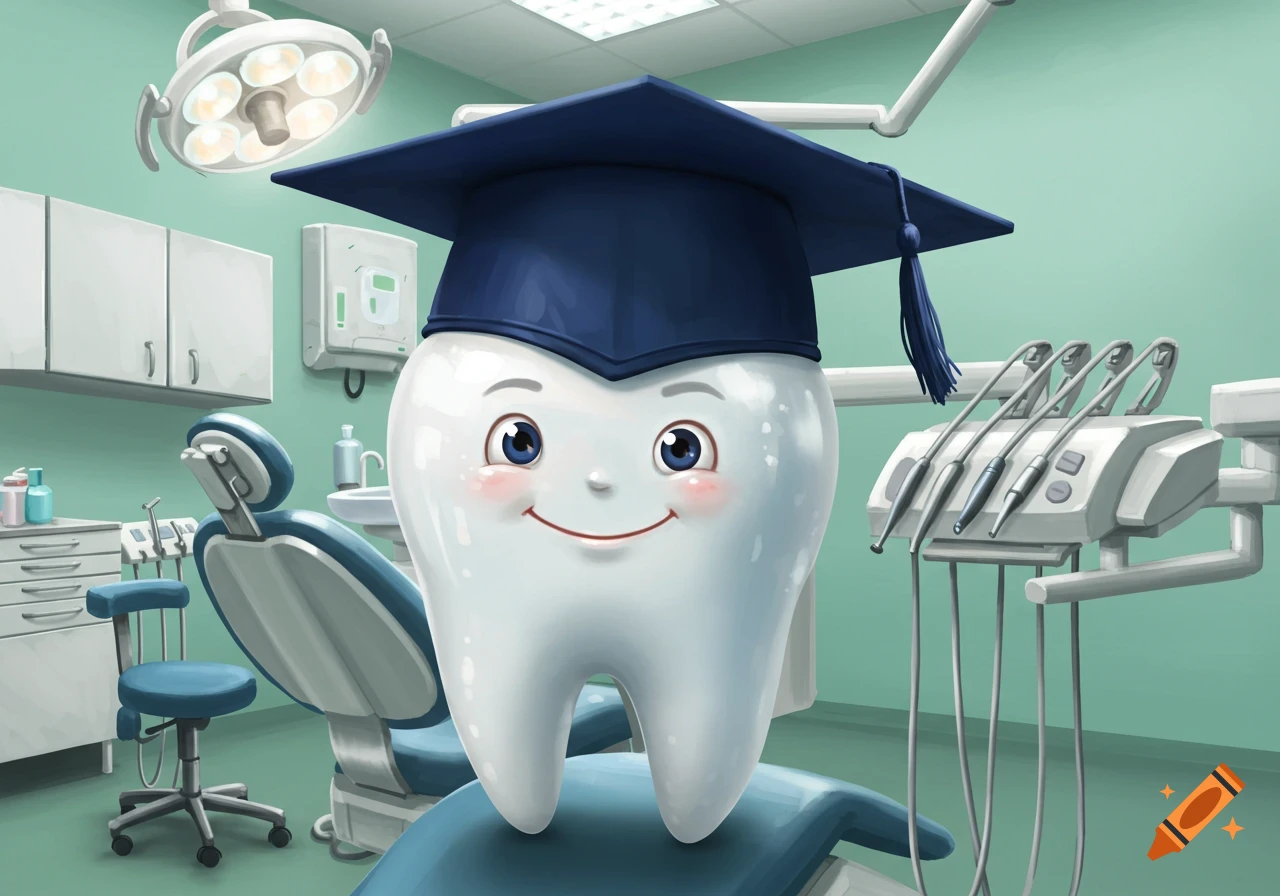 A cheerful cartoon tooth wearing a blue graduation cap sits in a dental office with an operatory chair and equipment.