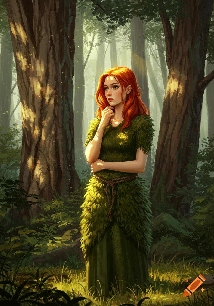 A red-haired woman in a green leafy dress stands thoughtfully in a sunlit forest in a fantasy art style.