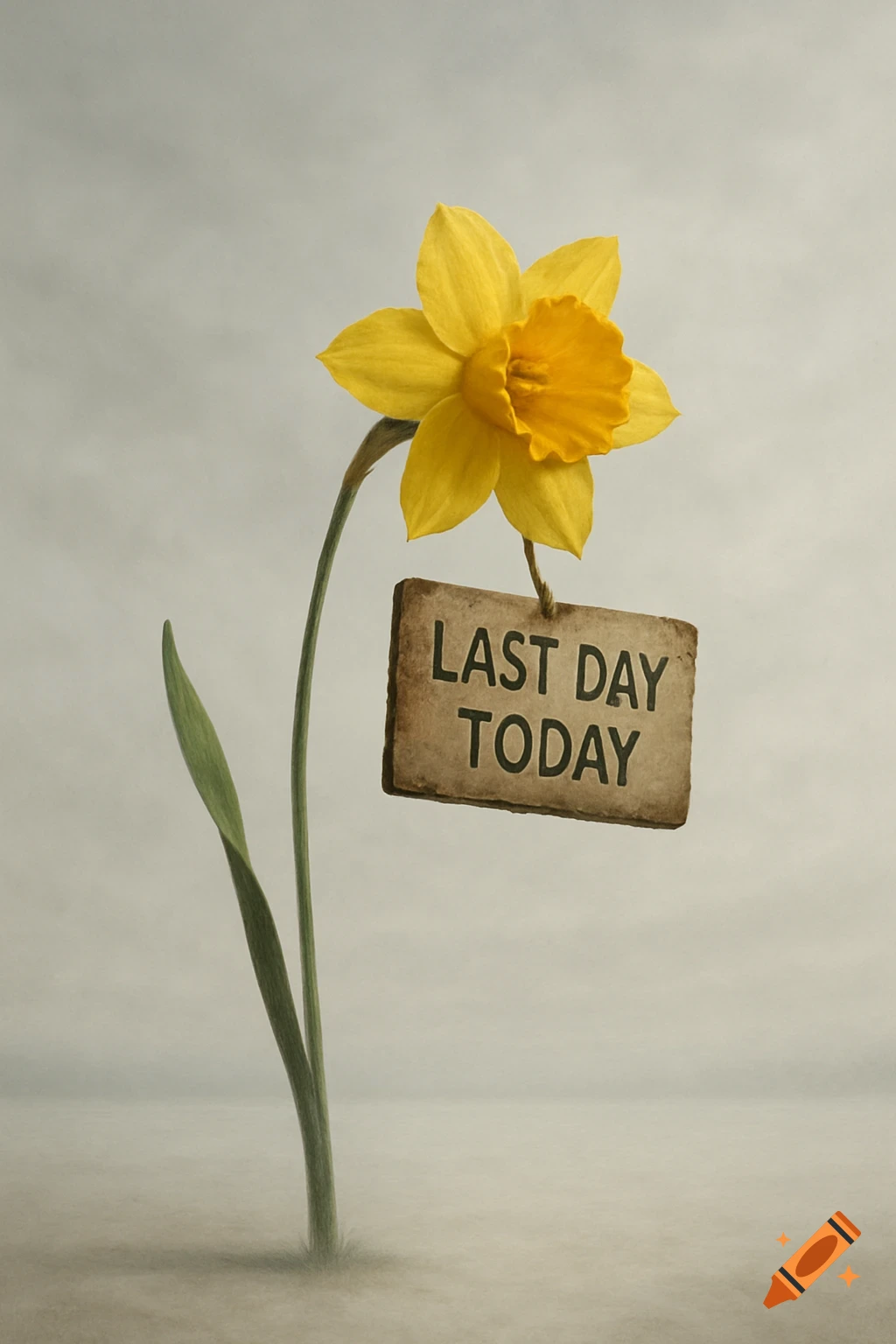 A photorealistic daffodil with a green stem and single leaf holds a rustic sign that reads "LAST DAY TODAY" against a soft, light grey background.