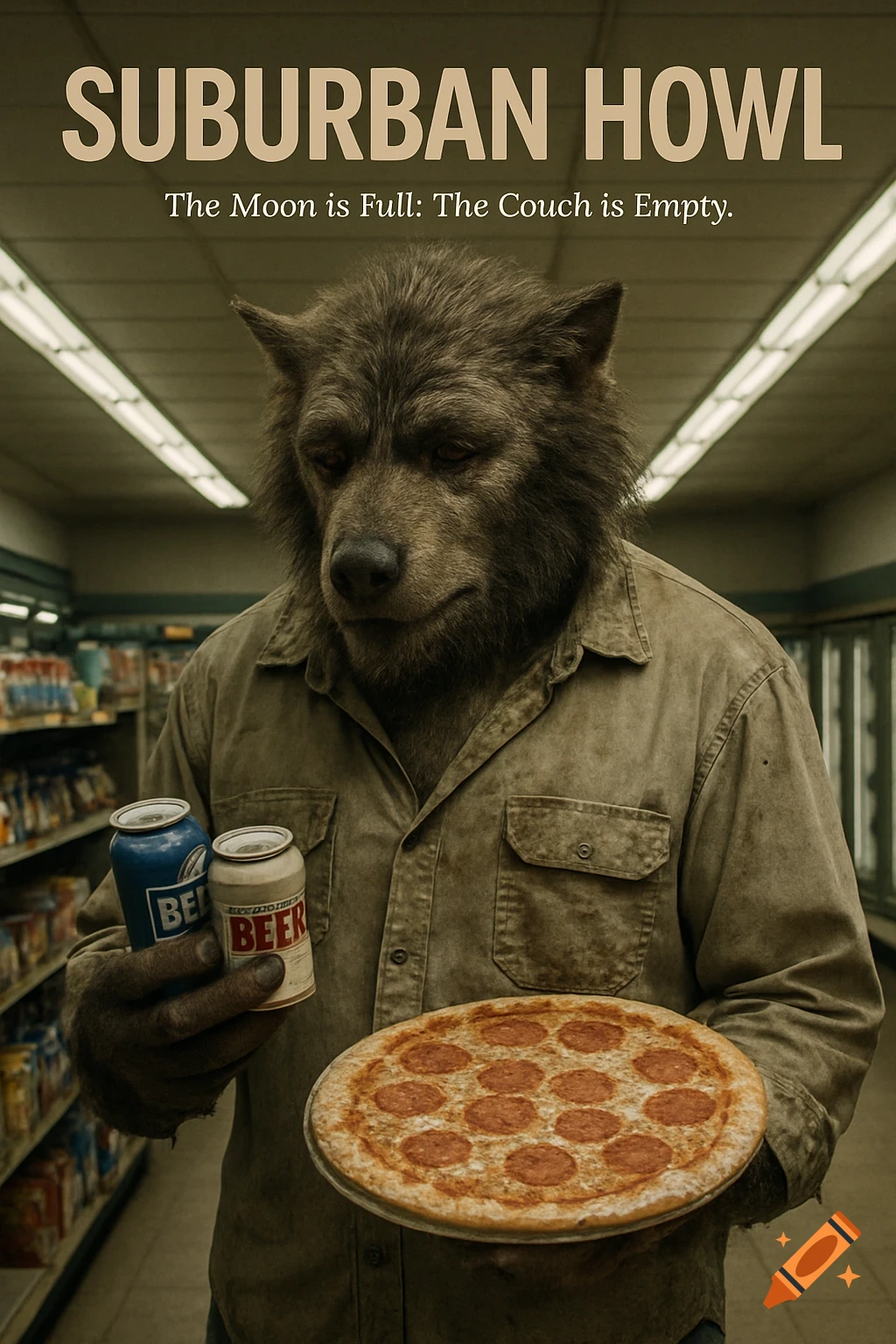 A photorealistic movie poster titled 'Suburban Howl' shows a werewolf in a convenience store holding two cans of beer and a pepperoni pizza. The tagline reads 'The Moon is Full: The Couch is Empty.'