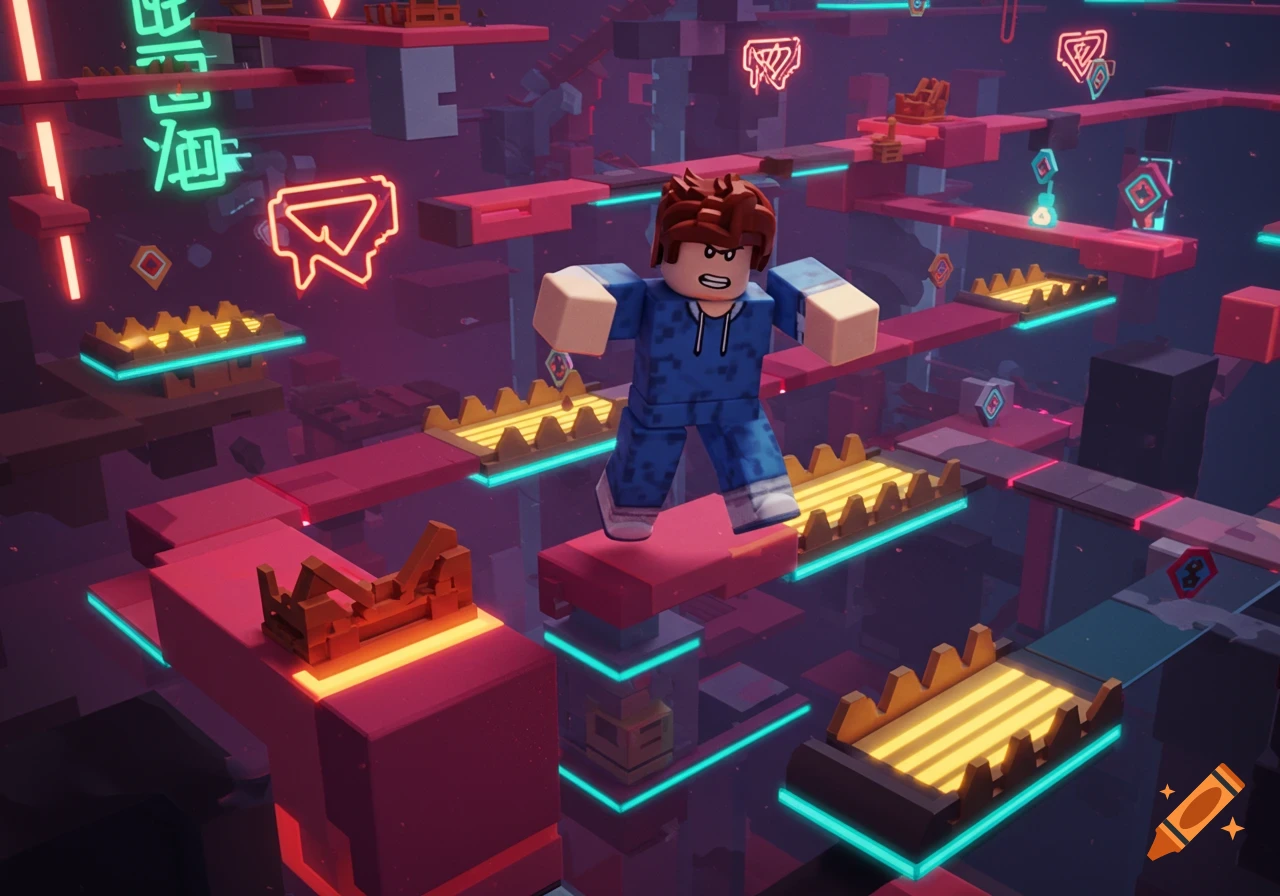 A Roblox character with brown hair and a blue hoodie stands on a red platform in a neon-lit, complex obstacle course.