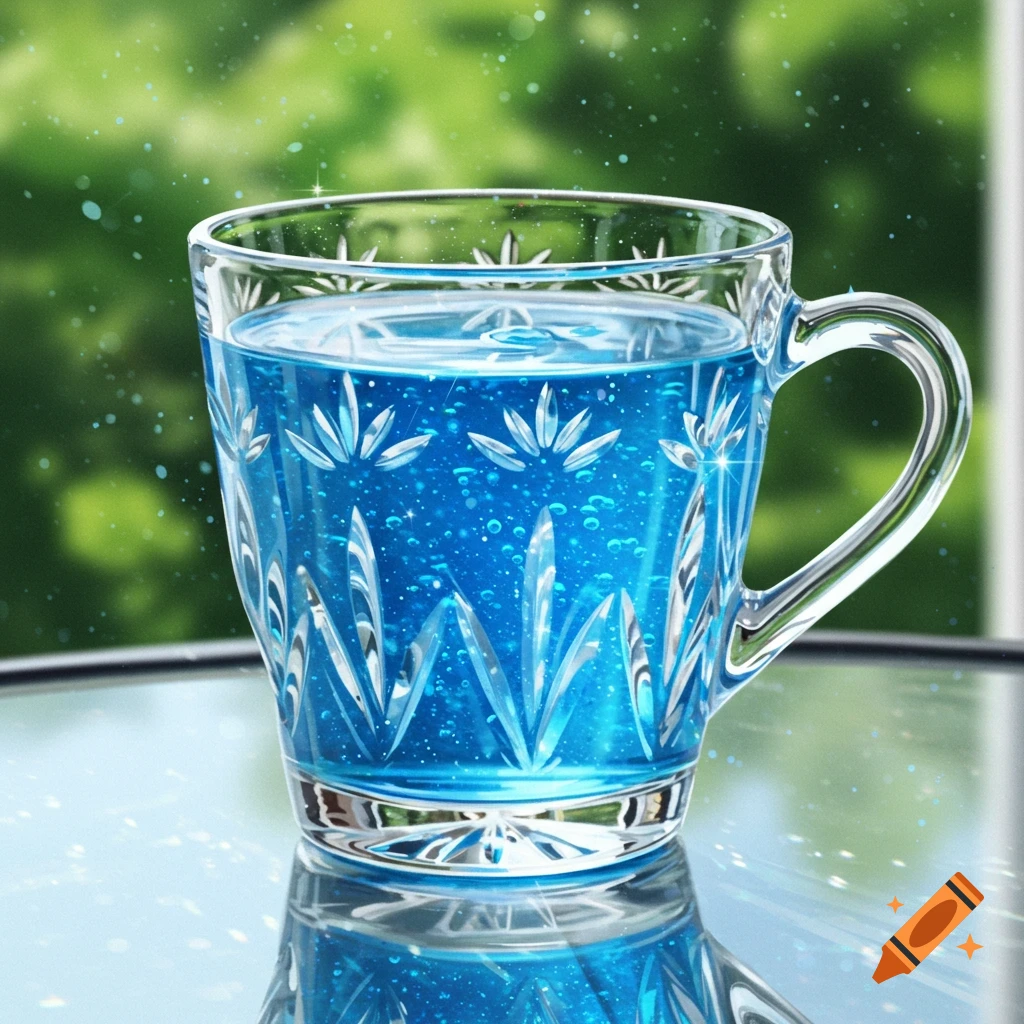 A clear glass mug with an ornate etched pattern holds sparkling blue liquid, reflected on a shiny surface with a green bokeh background.