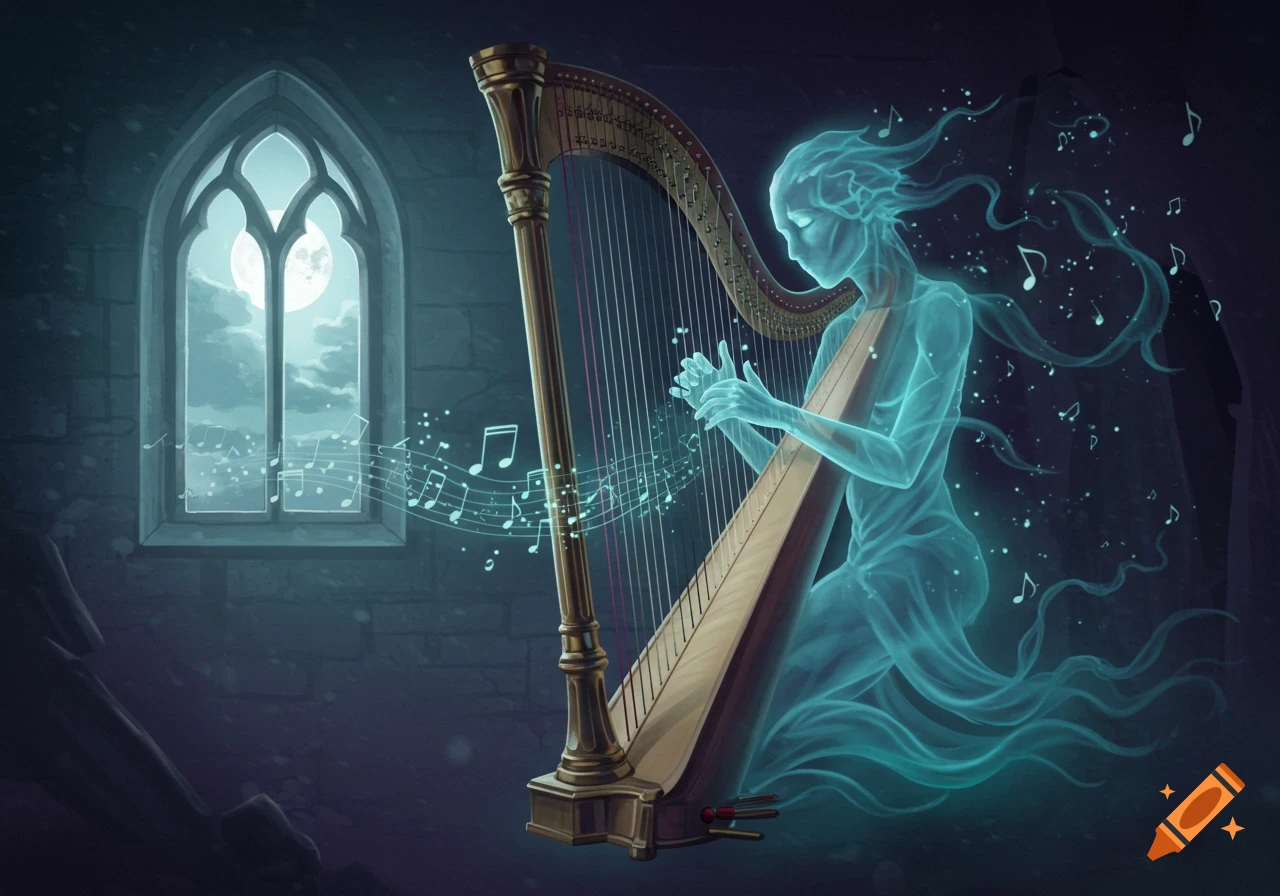 A translucent blue ghost plays a golden harp in a gothic room with a moonlit window, surrounded by floating musical notes.