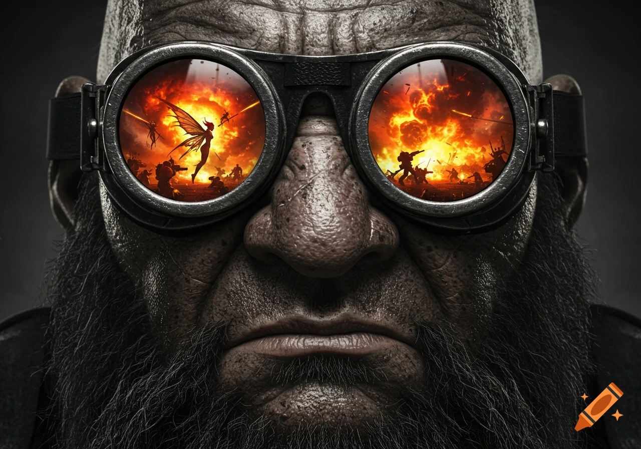 Close-up of a grizzled man with goggles reflecting a fiery fantasy battlefield with fairies and soldiers.