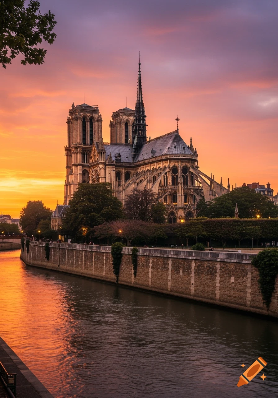 Photorealistic view of Notre Dame Cathedral at sunset, with a vibrant orange and purple sky reflecting in the Seine river.