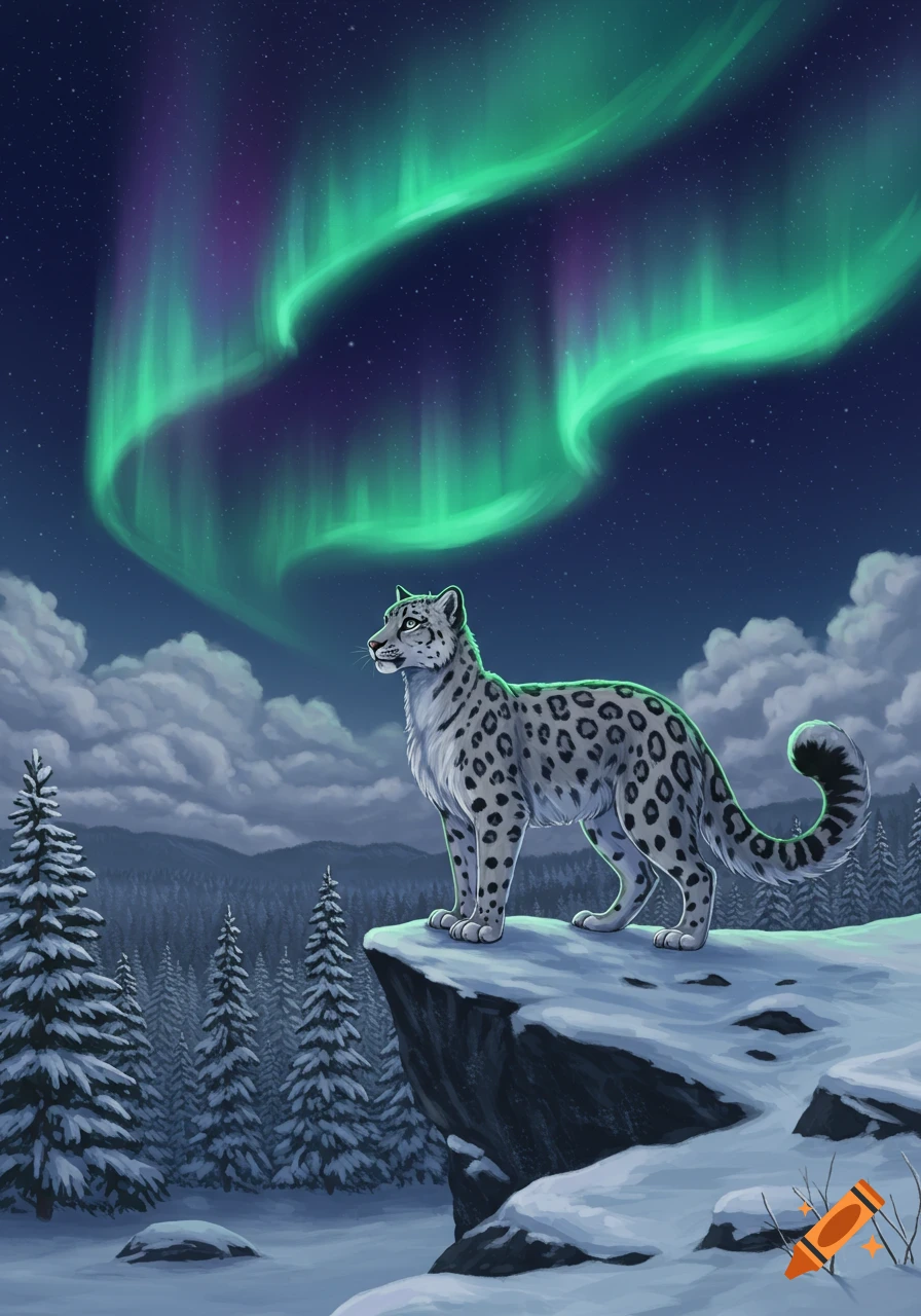 A stylized snow leopard stands on a snowy cliff, gazing at the vibrant green and purple aurora borealis over a winter forest.
