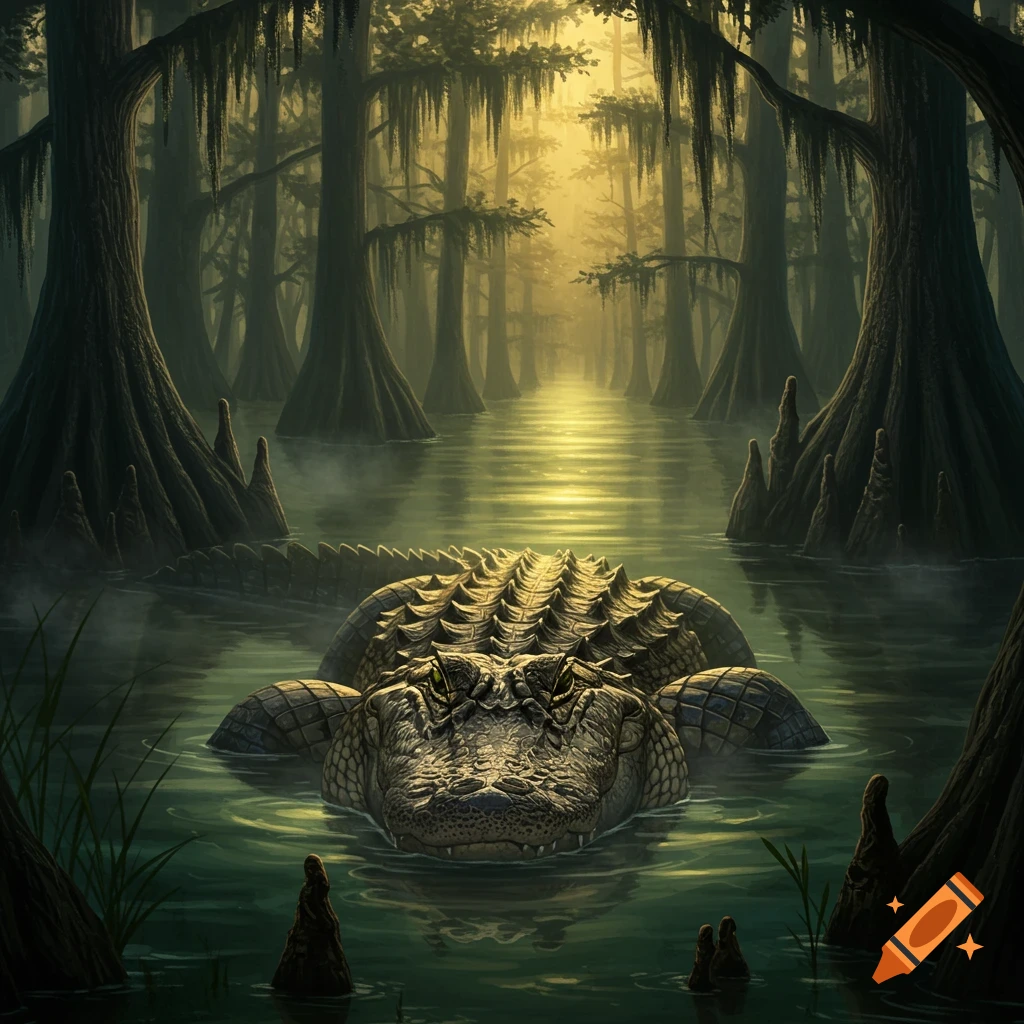 A large alligator floats menacingly in a murky swamp surrounded by cypress trees with spanish moss under a golden sky.