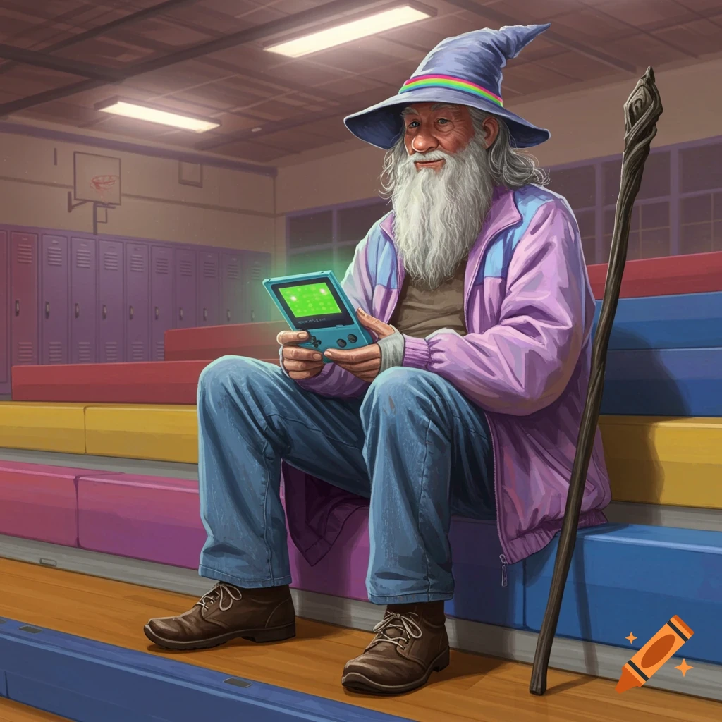 A cartoon Gandalf-like wizard in an 80s track suit and blue jeans sits on gym bleachers, playing a retro Game Boy.