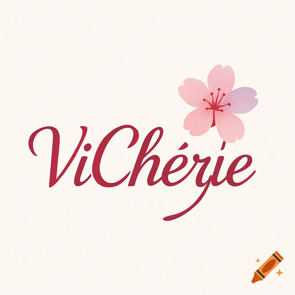 Elegant logo with the word 'ViCh\u00e9rie' in a red script font and a pink and purple cherry blossom flower on a light background.