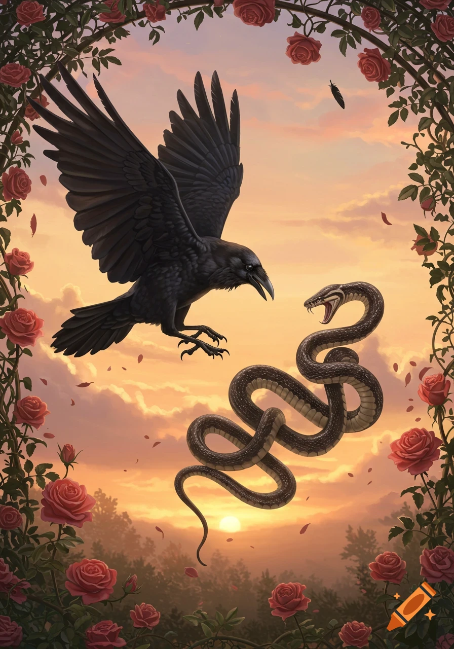 A black crow with outstretched wings and a coiled snake confront each other in mid-air against a sunset sky, framed by red rose vines.