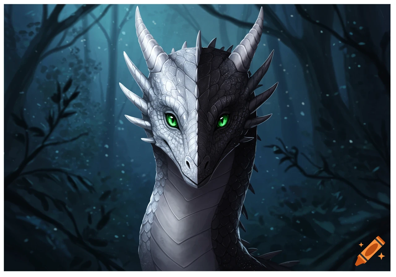 A close-up of a young dragon's head, half silver and half black, with piercing green eyes, set against a dark, misty forest.