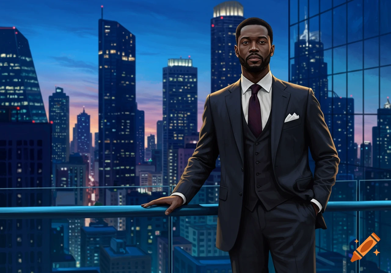 A stylish Black man in a dark suit stands on a high-rise balcony, overlooking a vibrant city skyline at dusk, rendered in an illustrative style.