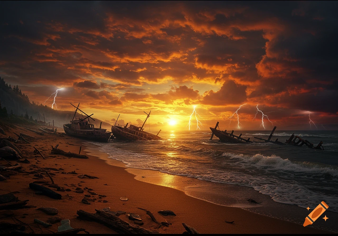 Photorealistic image of shipwrecks on a sandy beach during a dramatic sunset storm with lightning striking the ocean and sky.