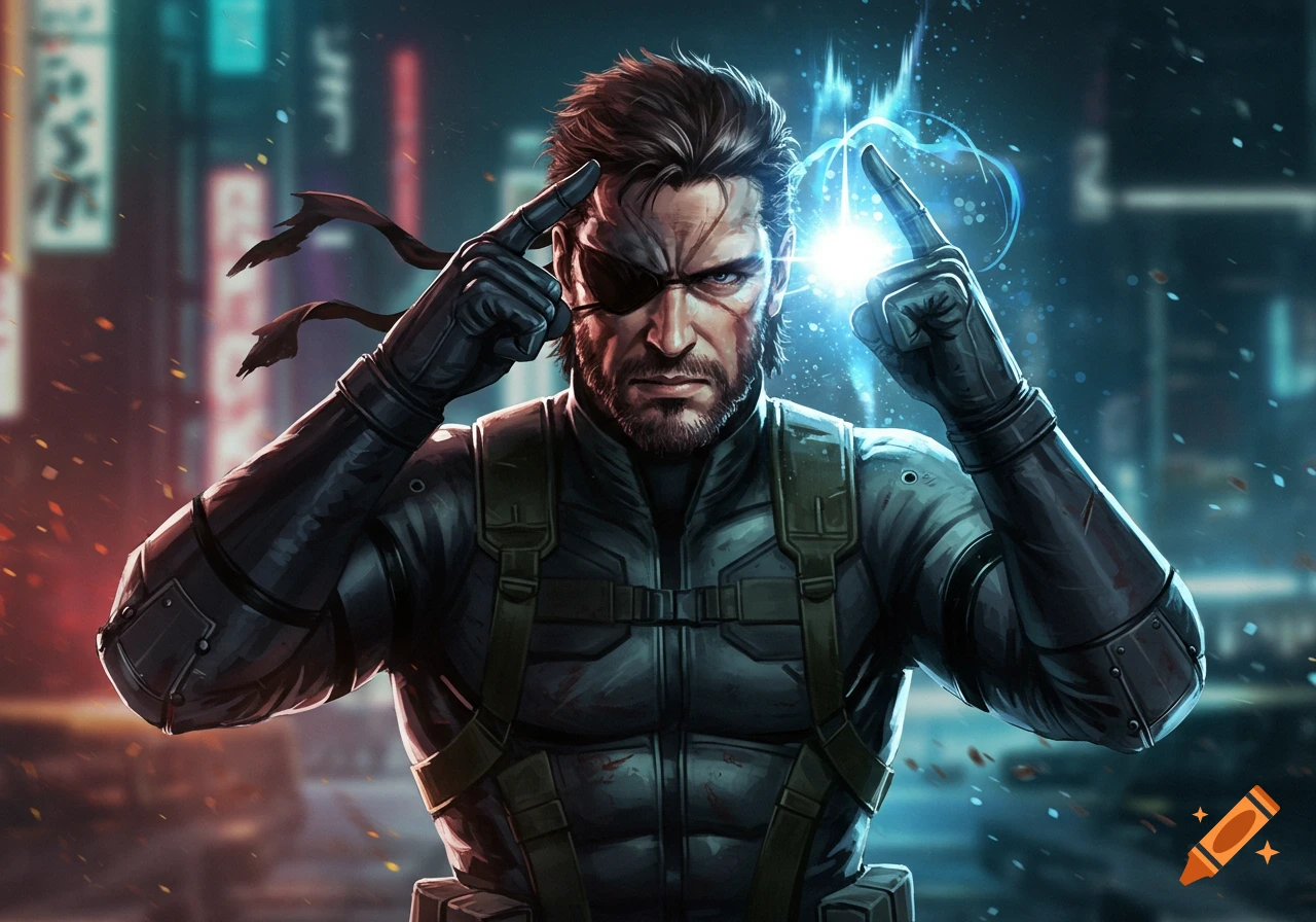 An illustration of Solid Snake from Metal Gear Solid in tactical gear and an eyepatch, glowing hands in a neon city, making a mind power gesture.
