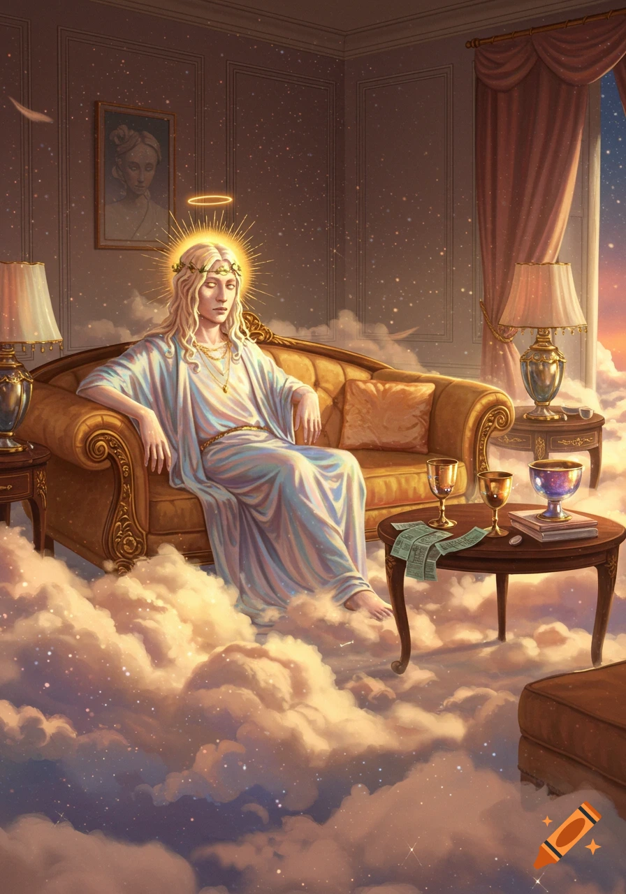 An angelic figure with a halo and a wreath sits on a golden couch surrounded by clouds in a room with a starry sky view.
