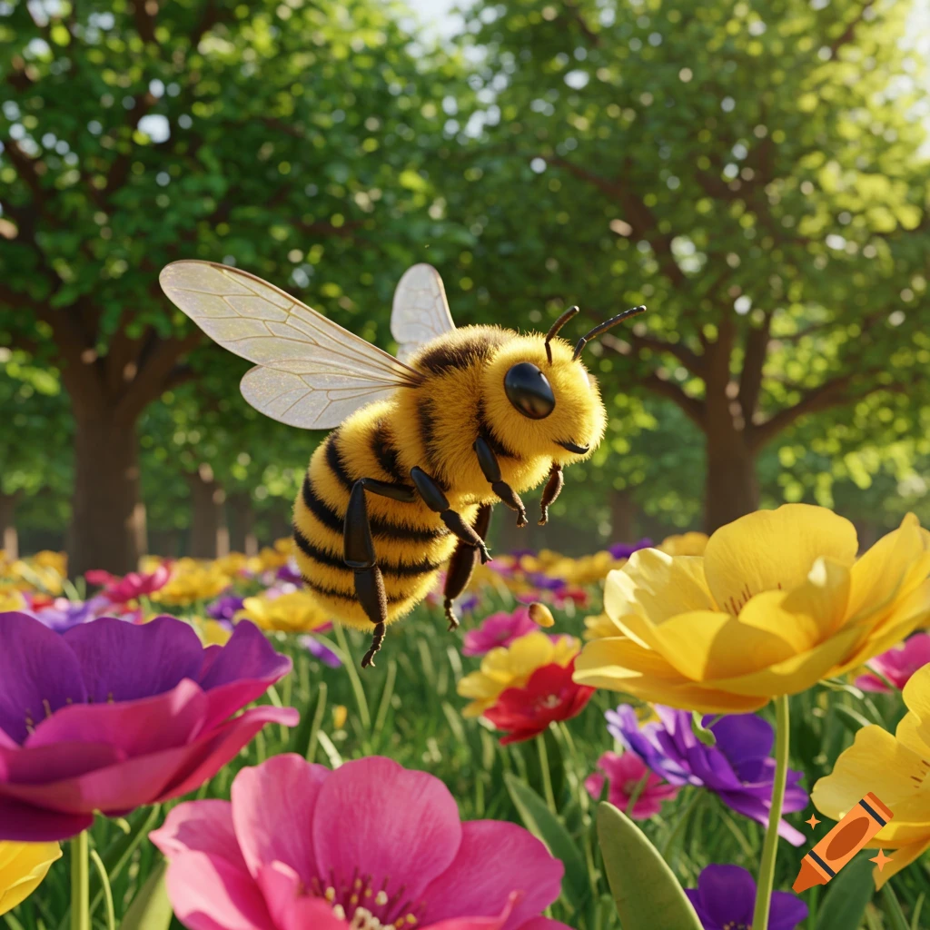 A fluffy 3D rendered honeybee flies low over a vibrant field of colorful flowers with green trees in the background.