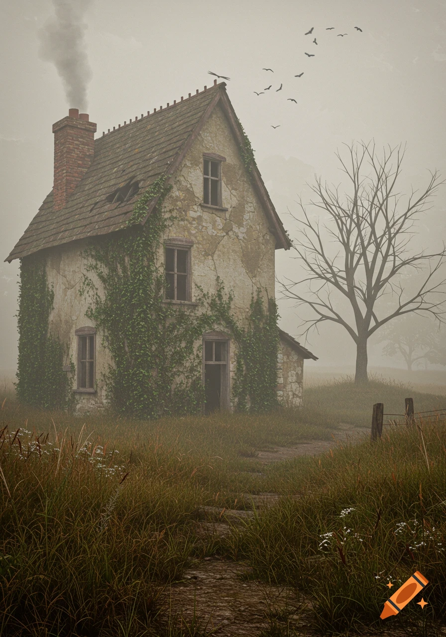 An old, dilapidated stone house covered in ivy, with smoke rising from its chimney, stands in a foggy, overgrown field with a bare tree.