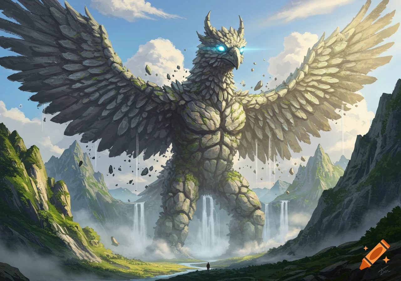 Gigantic rock bird monster with glowing blue eyes rises from mountains with waterfalls as a small figure watches.