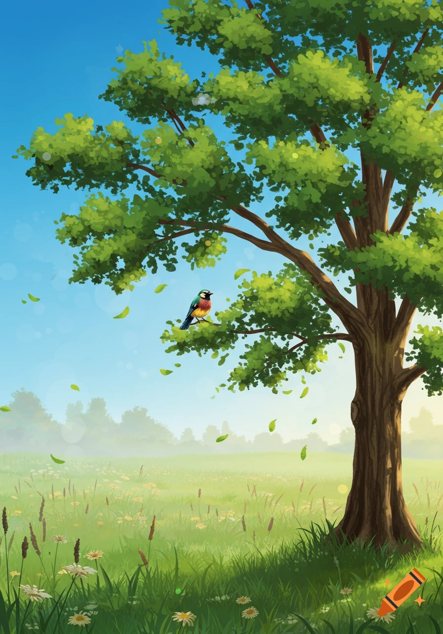A vibrant illustration of a colorful bird perched on a large green tree in a sunny field with wildflowers.