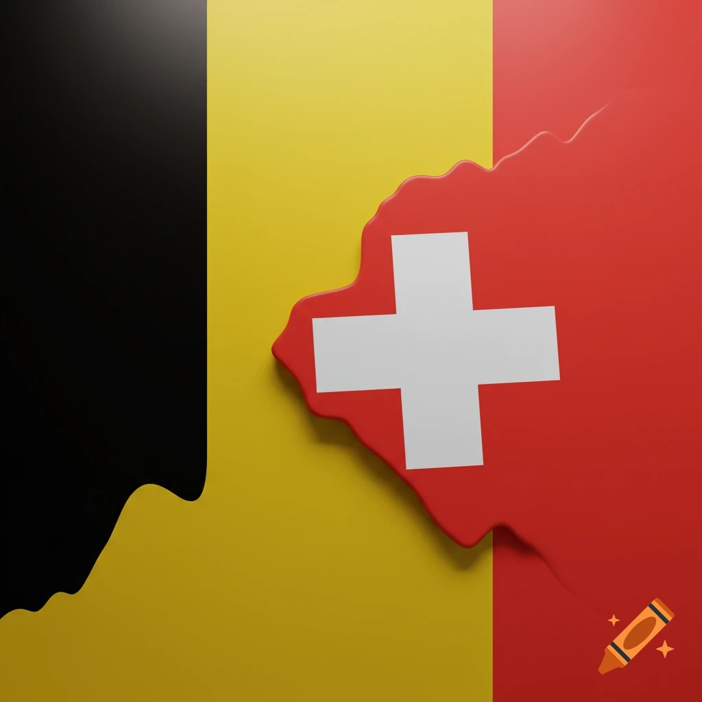 A 3D rendering of the Swiss map with its flag colors partially covering a background of Belgian flag colors.