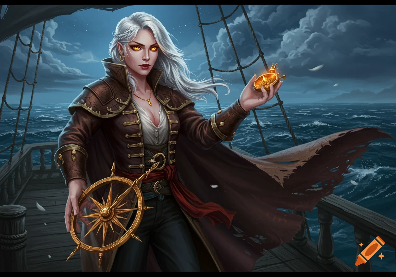 A female pirate navigator with silver hair and glowing orange eyes stands on a ship, holding a compass and a golden ship's wheel. Digital art.