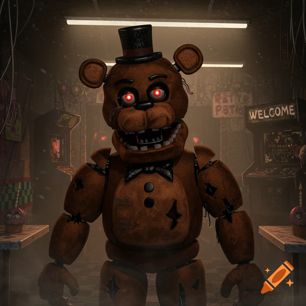 An animatronic bear with red glowing eyes, wearing a top hat and bowtie, stands in a dark, dusty arcade.
