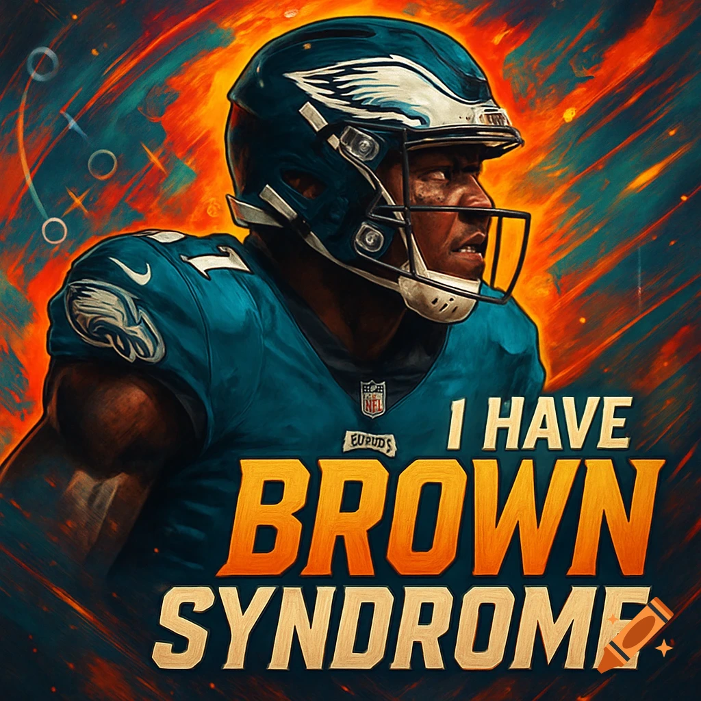 Stylized graphic art of an American football player in a teal jersey and helmet, with bold text 'I HAVE BROWN SYNDROME' at the bottom.