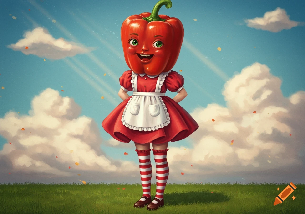 A cheerful anthropomorphic red bell pepper character in a red dress, white apron, and striped socks, stands in a green field under a blue sky.