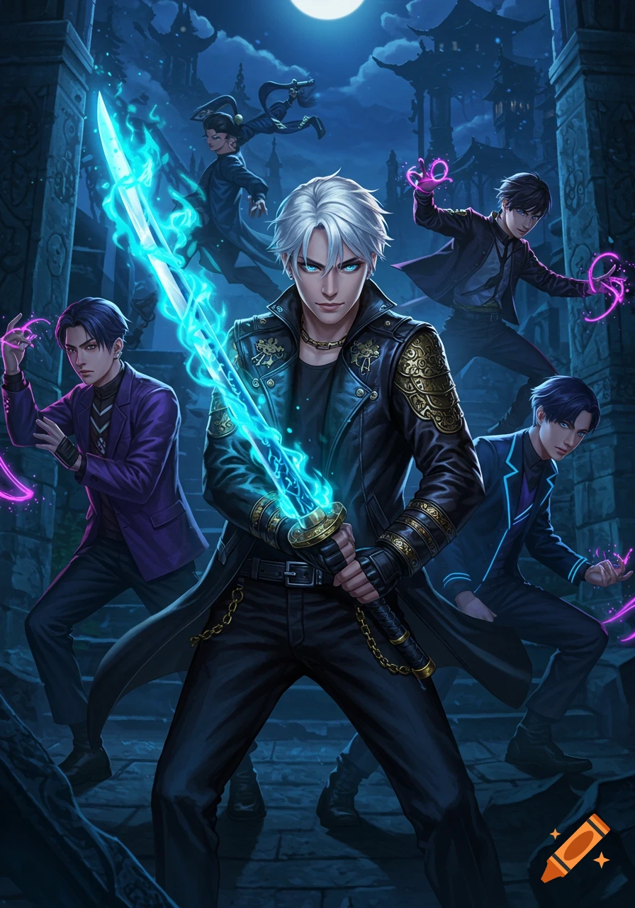 A group of stylish anime demon hunters, one with a glowing blue sword, others with purple magic, in a dark, moonlit setting.