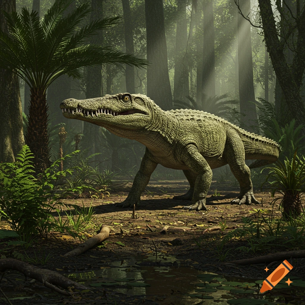 A photorealistic Proterosuchus, a green, crocodilian-like creature, walks through a sunlit prehistoric jungle.