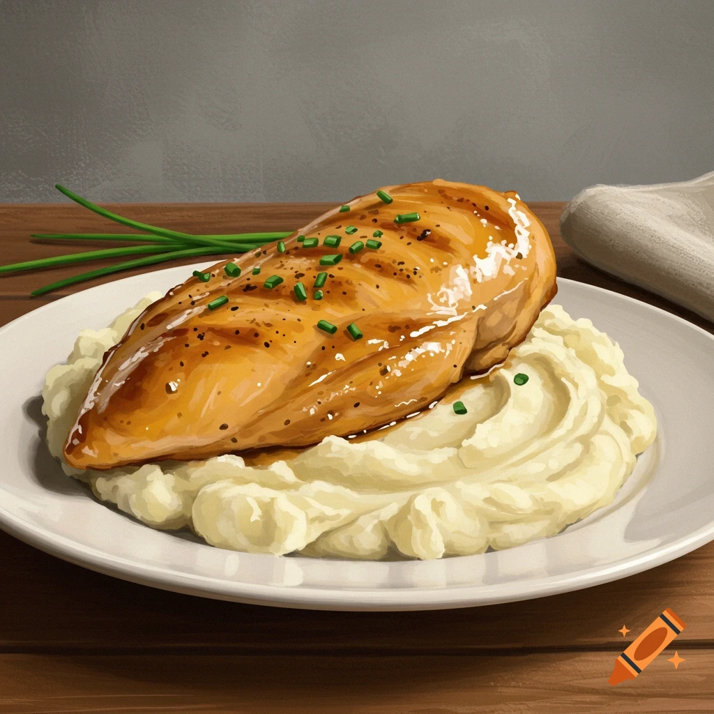An illustrative image of a glazed chicken breast topped with chives on a bed of mashed potatoes on a white plate.