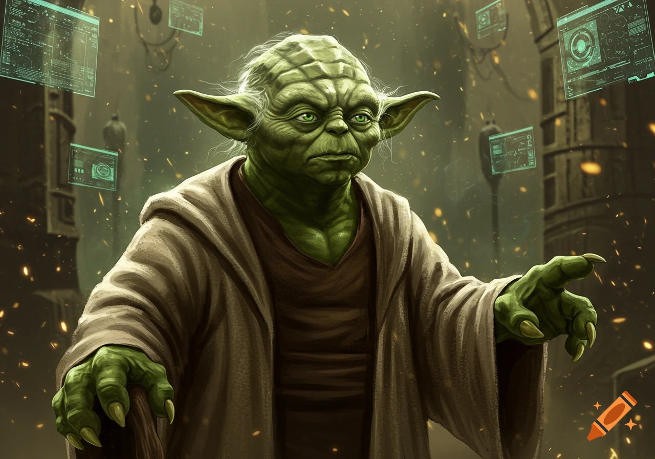 Green-skinned, muscular Yoda in Jedi robes stands in a detailed sci-fi setting with holographic screens.