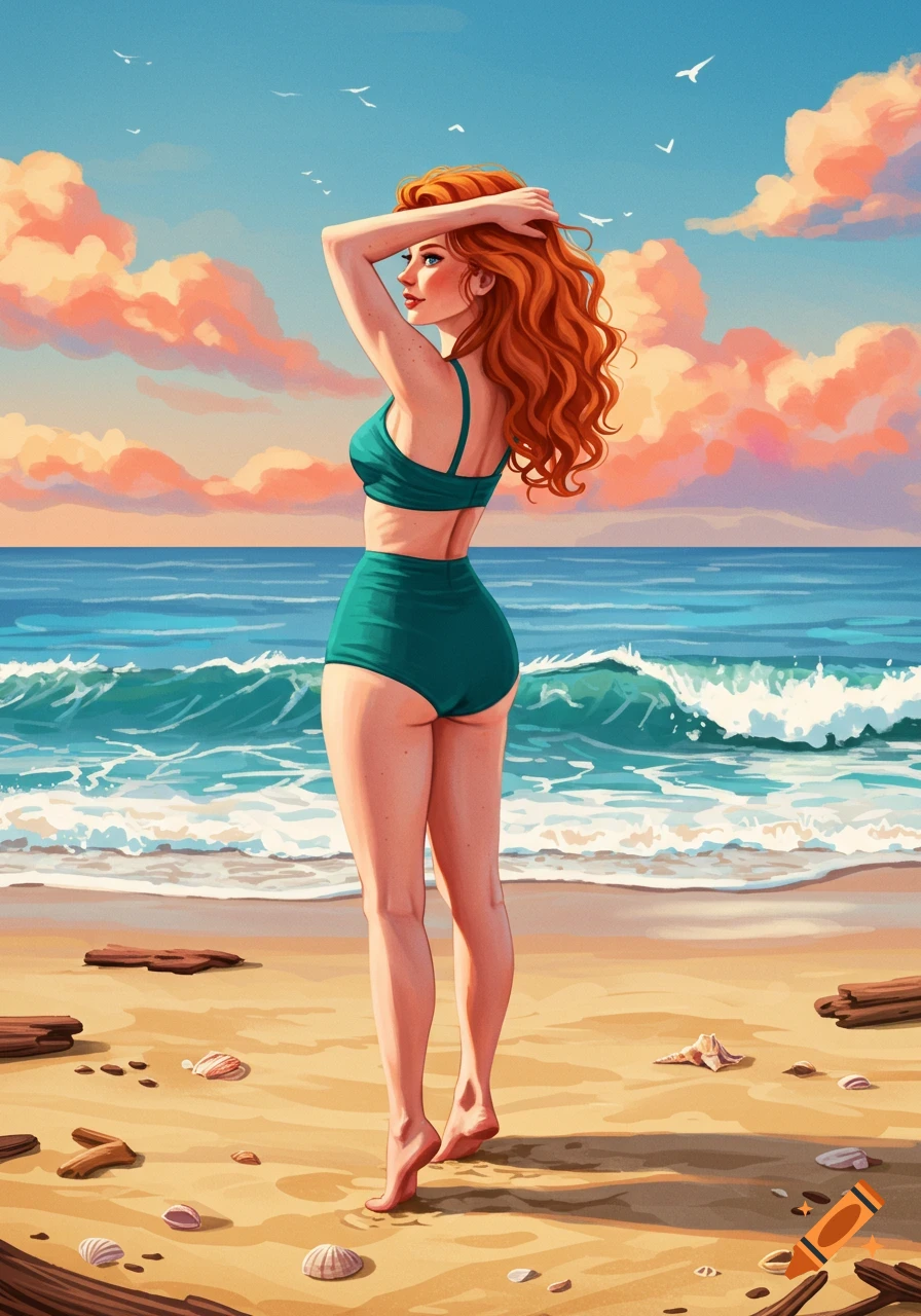 Stylized illustration of a redhead woman in a teal swimsuit standing on a sandy beach with the ocean and clouds in the background.