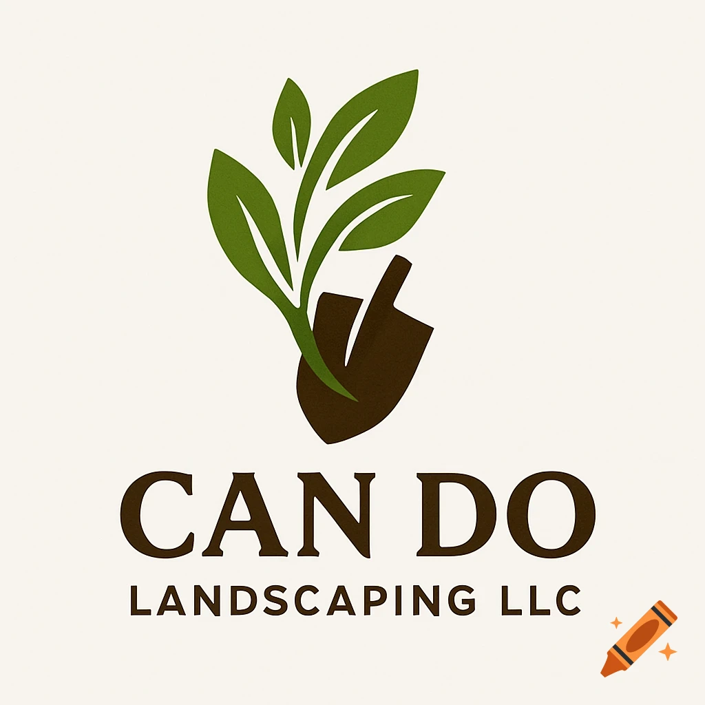 A logo for Can Do Landscaping LLC, featuring a dark brown shovel with green leaves growing from behind it, on a light background.