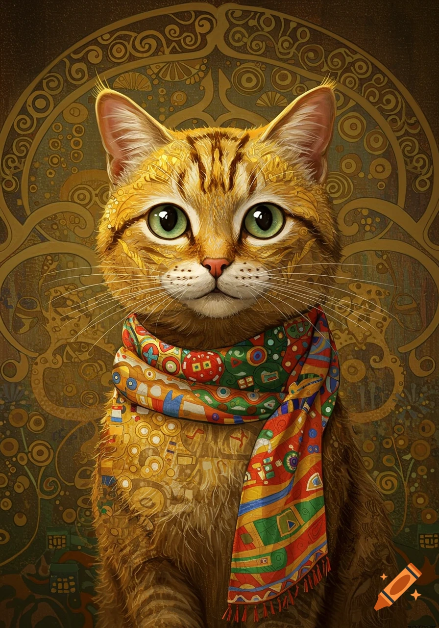 Whimsical cat with green eyes wearing a colorful patterned scarf, in the style of Gustav Klimt.