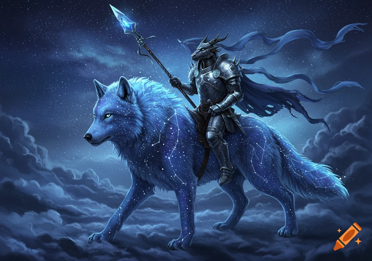 An armored dragonborn soldier rides a celestial blue wolf with constellations on its fur, under a starry night sky, digital art.