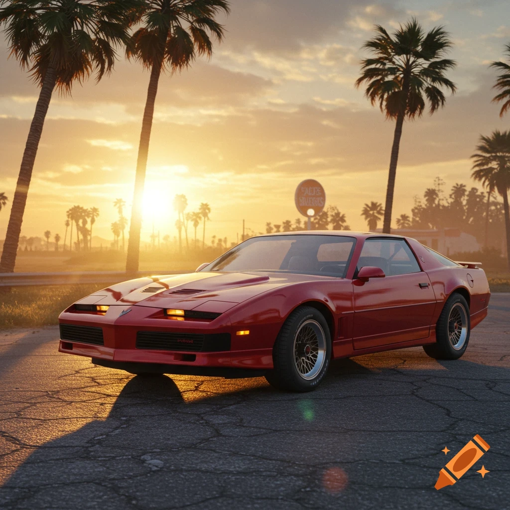 Photorealistic image of a red 1985 Pontiac Trans Am parked on an asphalt road at sunset, with palm trees in the background.