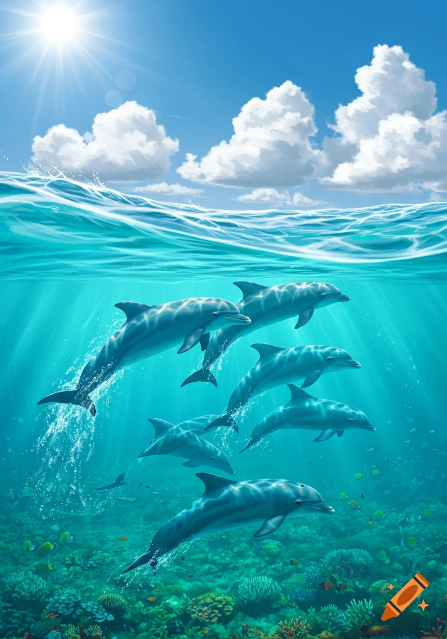 Six realistic dolphins swim underwater in a vibrant blue ocean with sunlight, a coral reef, and small fish.