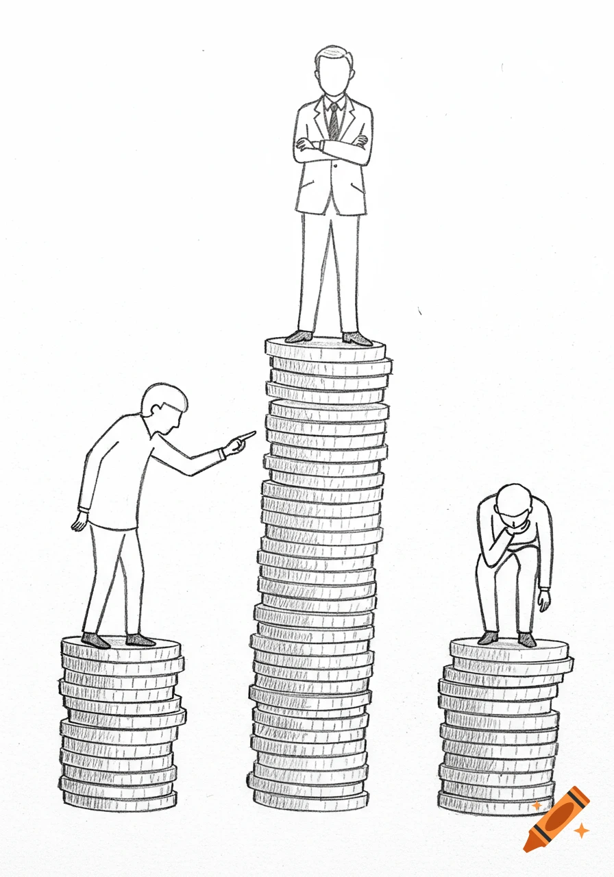 Sketch of three men on coin stacks: a confident man on a tall stack, a pointing man on a medium stack, and a dejected man on a short stack.