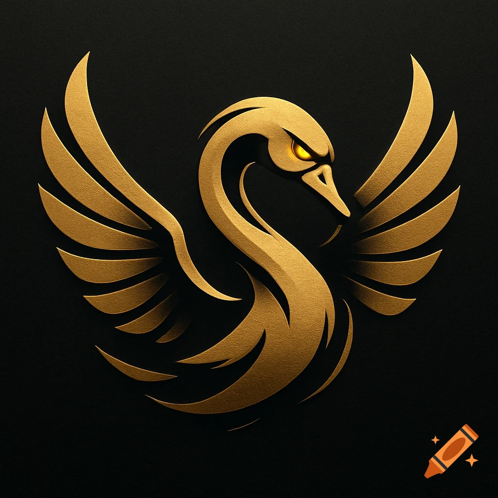 Gold, stylized angry swan logo with outstretched wings on a black background.