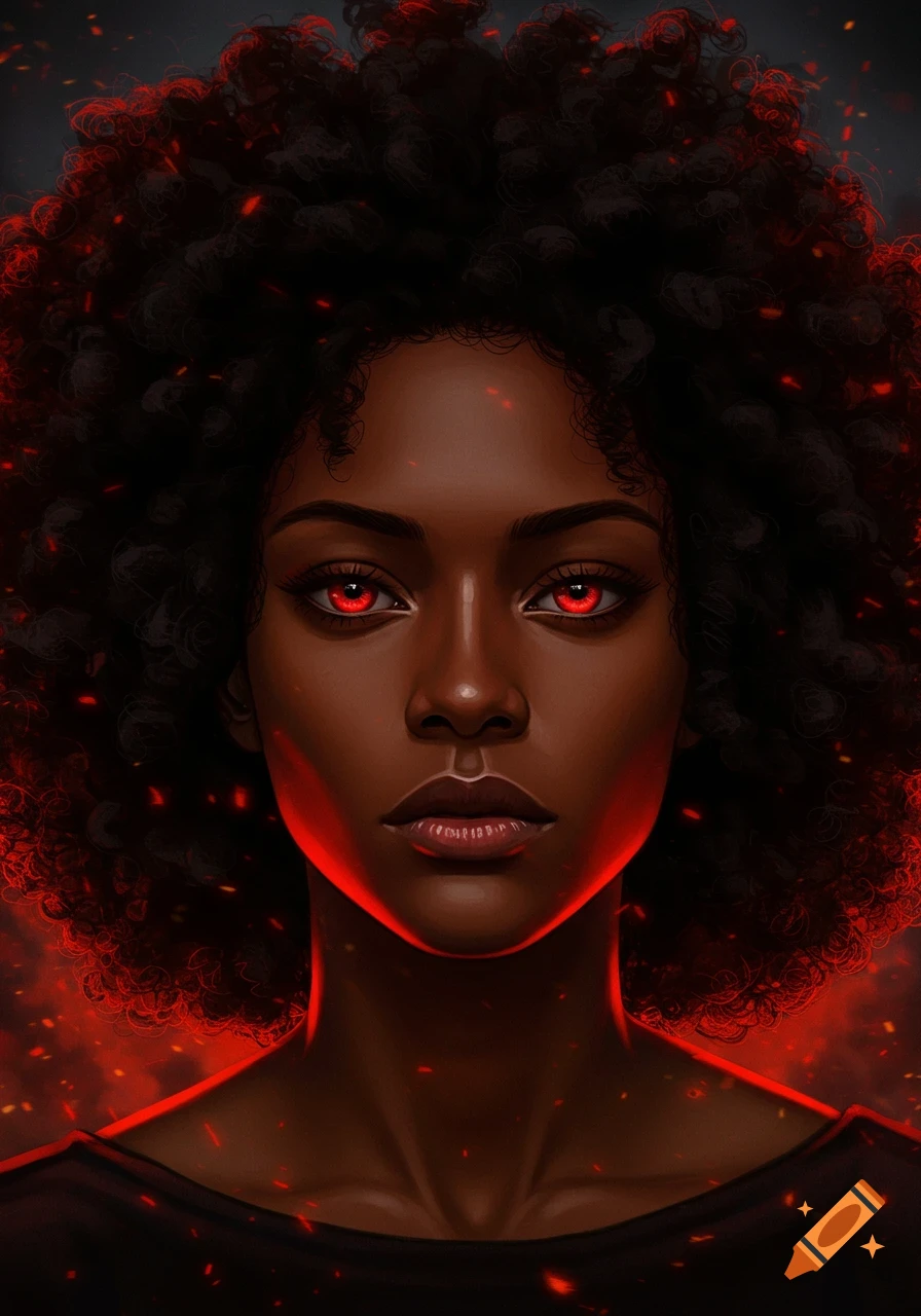 Digital art portrait of a woman with dark skin, black curly hair, and glowing red eyes, surrounded by red sparks.